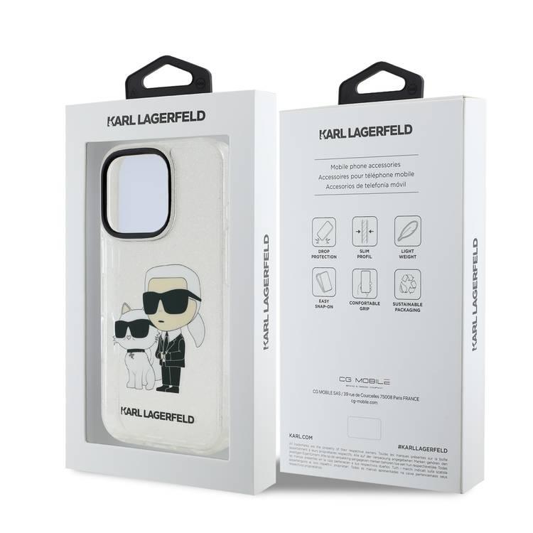 جراب Karl Lagerfeld IML اللامع الصلب مع شعار Karl &amp; Choupette NFT لهاتف iPhone 16 Pro Max، ممتص للصدمات والسقوط، فتحات دقيقة، قبضة مريحة، سهل التركيب - شفاف