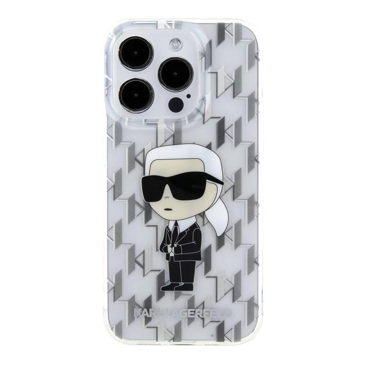 جراب Karl Lagerfeld IML الصلب مع شعار Ikonik Monogram لهاتف iPhone 16 Pro، مقاوم للسقوط والصدمات، فتحات دقيقة للمنافذ والأزرار، سهل التركيب - شفاف