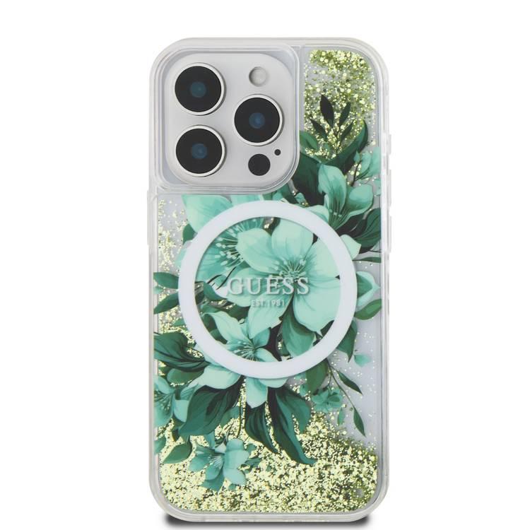 جراب GUESS Magsafe Liquid Glitter الصلب بتصميم زهور لهاتف iPhone 16 Pro، حماية من السقوط، سهل التركيب - أخضر