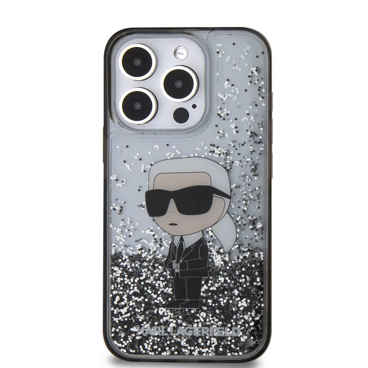 جراب Karl Lagerfeld Liquid Glitter الصلب مع شعار Ikonik لهاتف iPhone 16 Pro Max، تصميم أنيق، فتحات دقيقة، امتصاص الصدمات، حماية من الخدوش والسقوط - شفاف