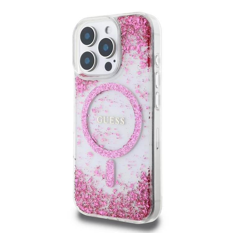 جراب Guess MagSafe Glitter الصلب مع بريق الراتينج لهاتف iPhone 16 Pro Max مع حماية من السقوط، وقبضة آمنة ومريحة، وتغليف مستدام، وتصميم سهل التركيب - فوشيا