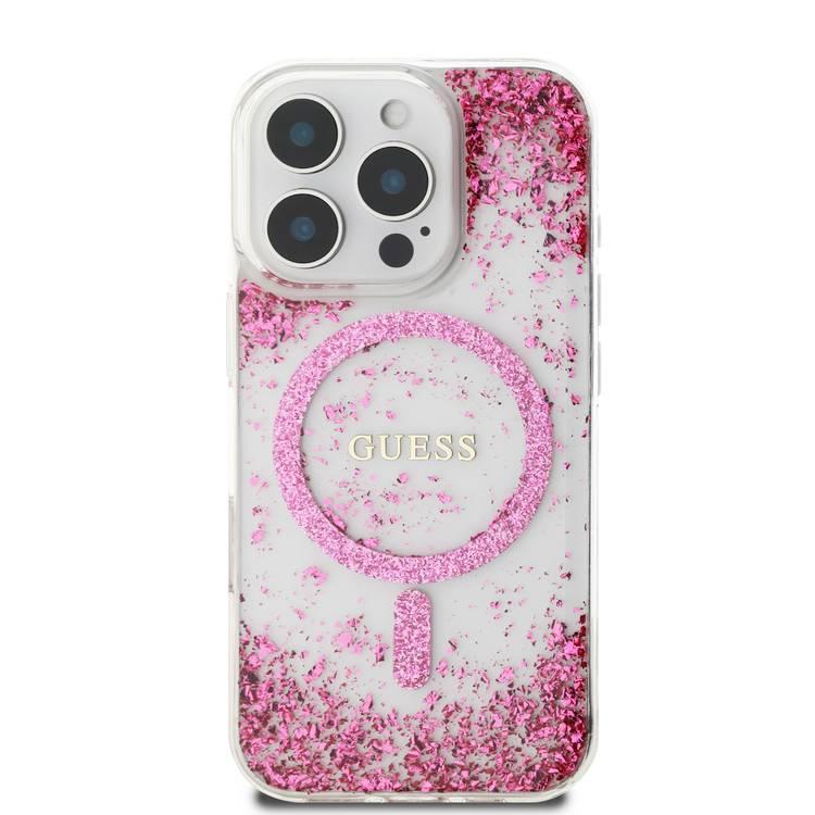 Guess MagSafe Glitter Hard Case with Resin Glitter for iPhone 16 Pro Max with Drop Protection, Secure & Comfortable Grip, Sustainable Packaging, Easy Snap-on Design - Fuchsia