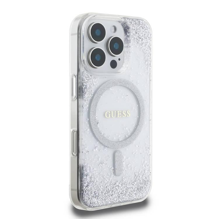 جراب Guess MagSafe Glitter الصلب مع بريق الراتينج لهاتف iPhone 16 Pro مع حماية من السقوط، وقبضة آمنة ومريحة، وتغليف مستدام، وتصميم سهل التركيب - فضي