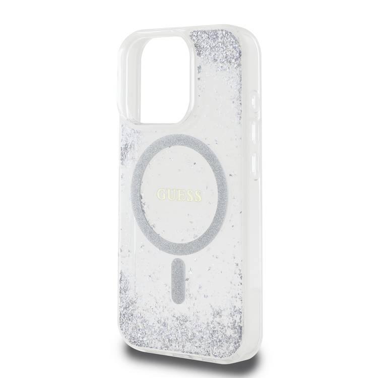 جراب Guess MagSafe Glitter الصلب مع بريق الراتينج لهاتف iPhone 16 Pro مع حماية من السقوط، وقبضة آمنة ومريحة، وتغليف مستدام، وتصميم سهل التركيب - فضي