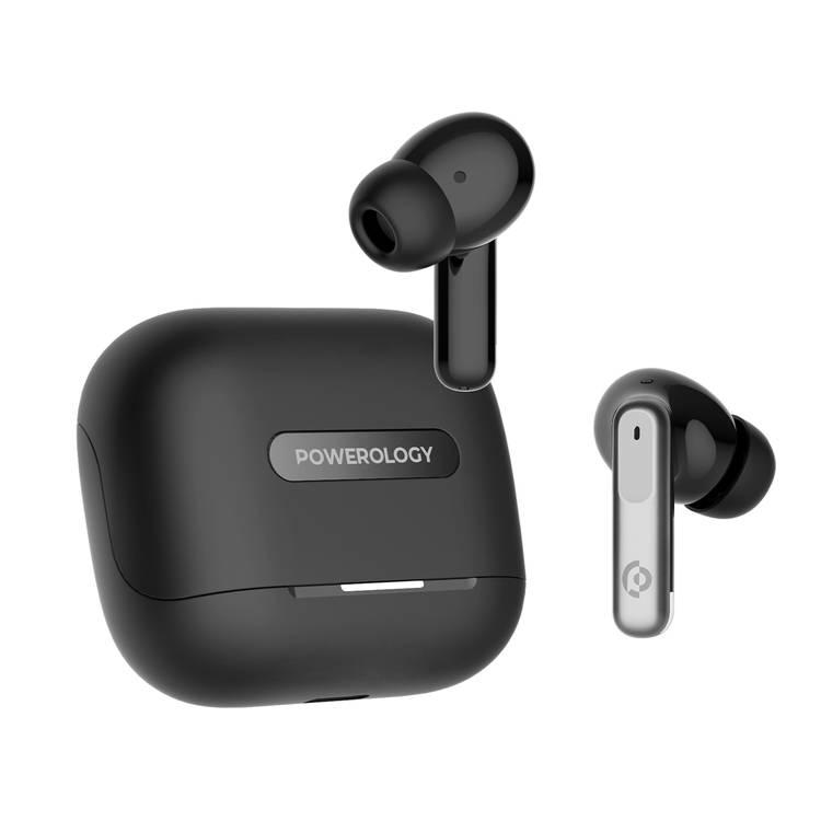 Powerology Hybrid True Wireless Earbuds with ANC + ENC, 6 Microphone, Bluetooth Version 5.3 & Type-C Charging Port - Black 