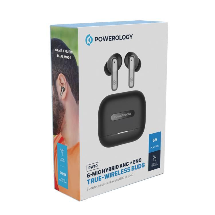 Powerology Hybrid True Wireless Earbuds with ANC + ENC, 6 Microphone, Bluetooth Version 5.3 & Type-C Charging Port - Black 