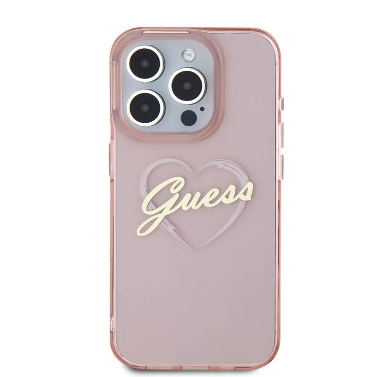 GUESS IML Hard Case with Heart Logo for iPhone 16 Pro Max, Slim Profile, Easy Snap-On, Comfortable Grip - Pink