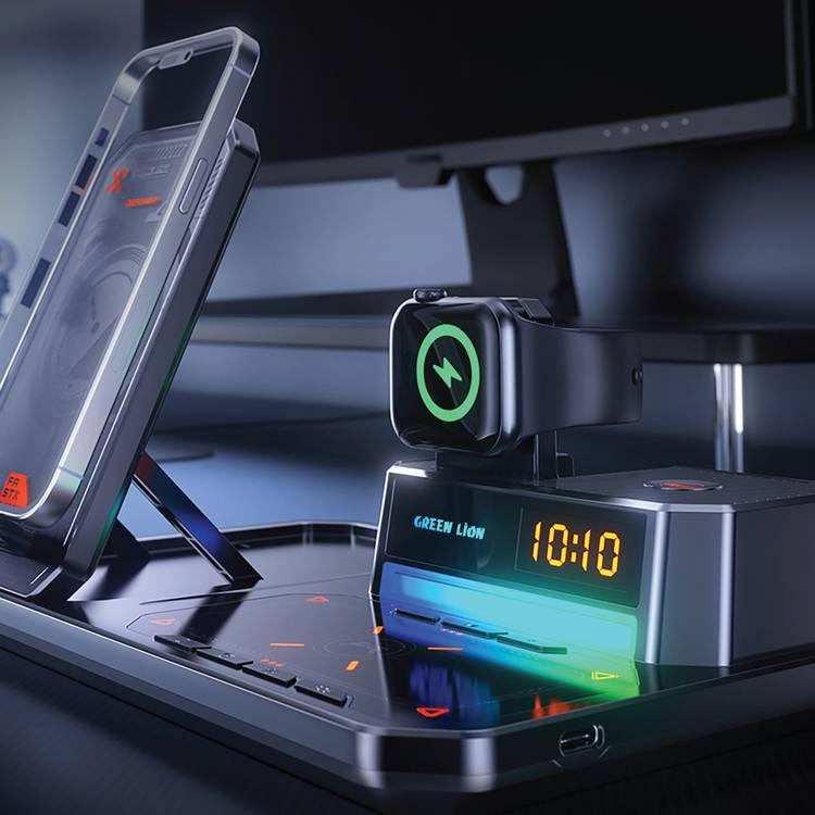 Green Lion 6 in 1 Multifunctional Wireless Charger, Bluetooth Version 5.3, 3W Watch Output, Digital Clock, RGB Light - Black 