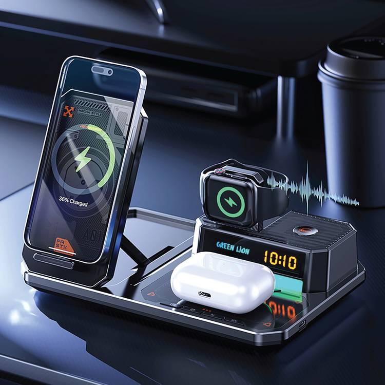 Green Lion 6 in 1 Multifunctional Wireless Charger, Bluetooth Version 5.3, 3W Watch Output, Digital Clock, RGB Light - Black 