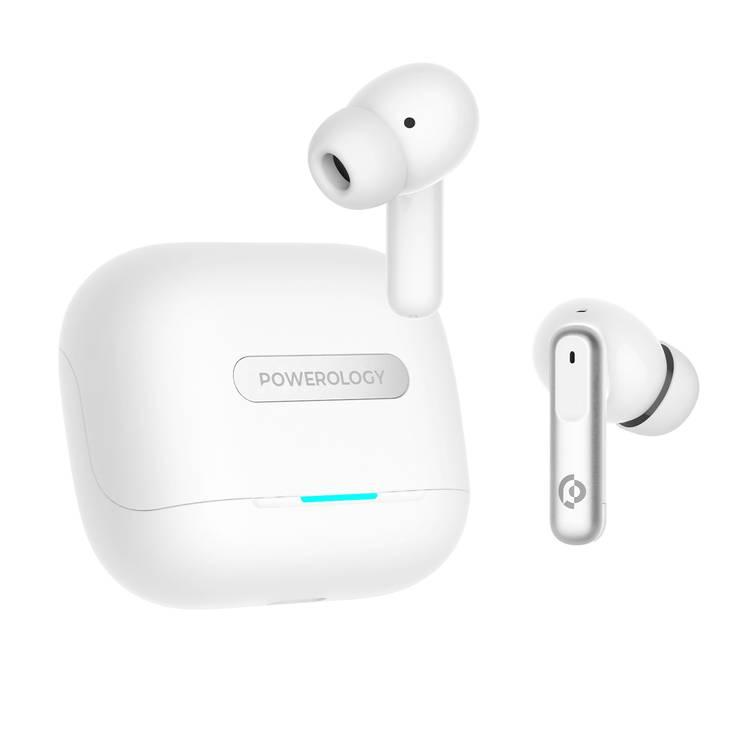 Powerology Hybrid True Wireless Earbuds with ANC + ENC, 6 Microphone, Bluetooth Version 5.3 & Type-C Charging Port - White 