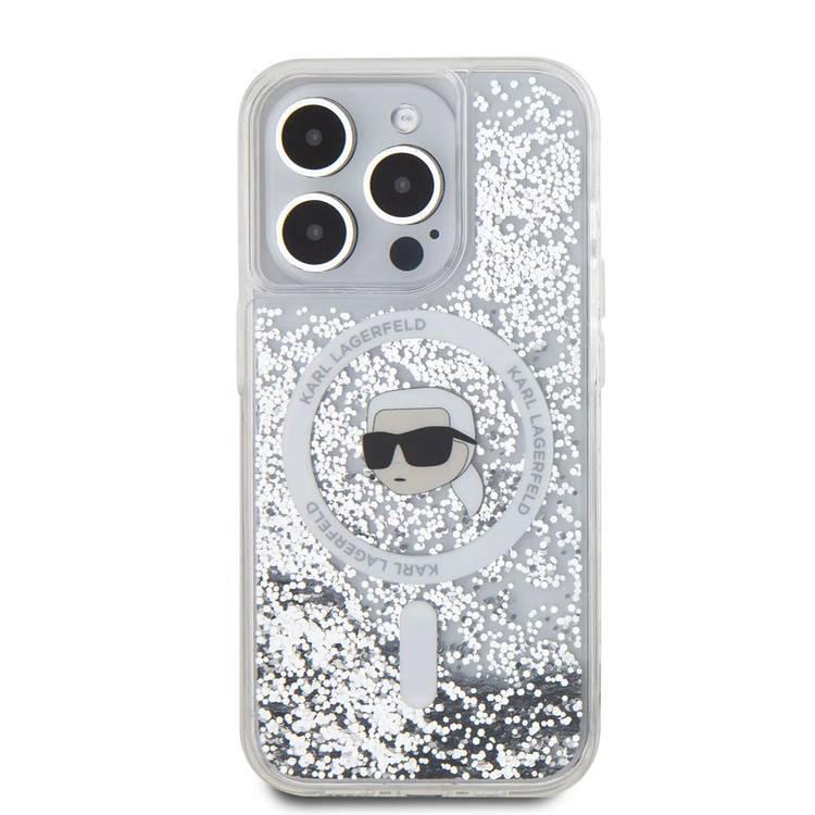 جراب Karl Lagerfeld Magsafe Liquid Glitter الصلب مع رأس Karl لهاتف iPhone 16 Pro Max، حماية من السقوط والصدمات، نحيف وخفيف الوزن، فتحات دقيقة للمنافذ - شفاف