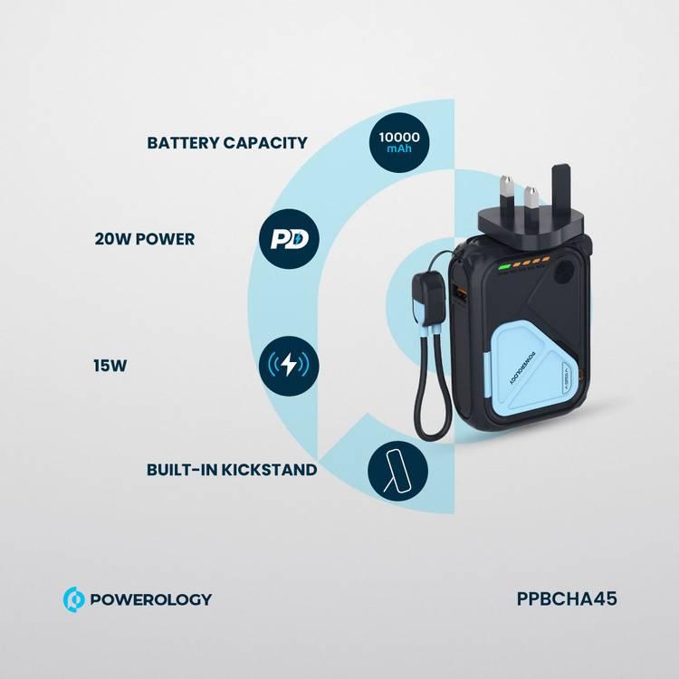 بنك طاقة لاسلكي من باورولوجي بسعة 10000 مللي أمبير مع قابس تحويل بريطاني، وتوصيل طاقة 20 وات، وشحن متزامن، وحامل مدمج - أسود 