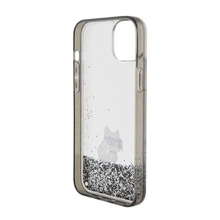 جراب Karl Lagerfeld Liquid Glitter بشعار Ikonik Choupette لهاتف iPhone 15 Plus، فتحات أنيقة، سهل التركيب، حماية من السقوط، ممتص للصدمات، قبضة مريحة - أسود