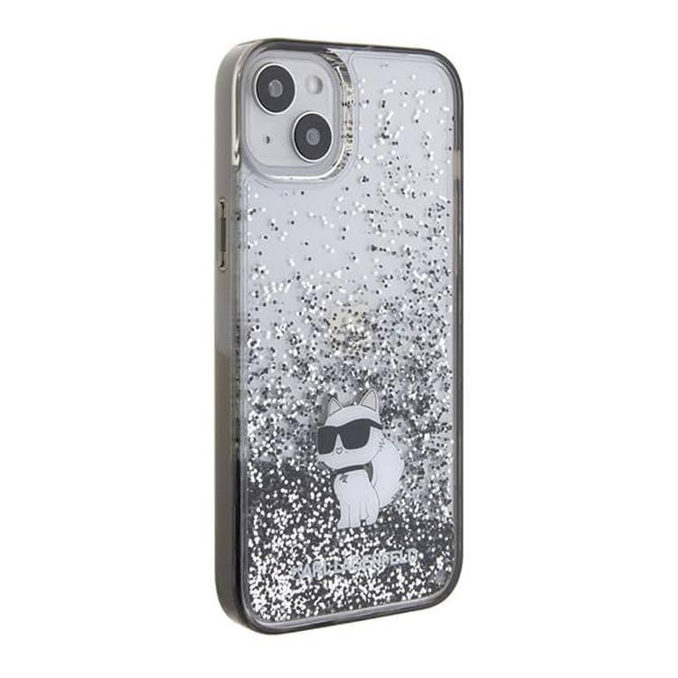 جراب Karl Lagerfeld Liquid Glitter بشعار Ikonik Choupette لهاتف iPhone 15 Plus، فتحات أنيقة، سهل التركيب، حماية من السقوط، ممتص للصدمات، قبضة مريحة - أسود