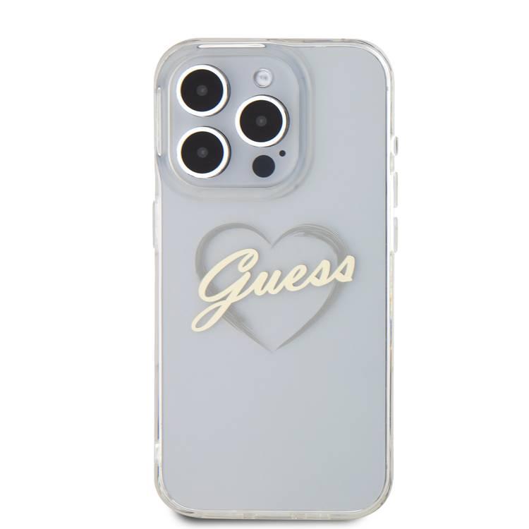 GUESS IML Hard Case with Heart Logo for iPhone 16 Pro, Slim Profile, Easy Snap-On, Comfortable Grip - Clear