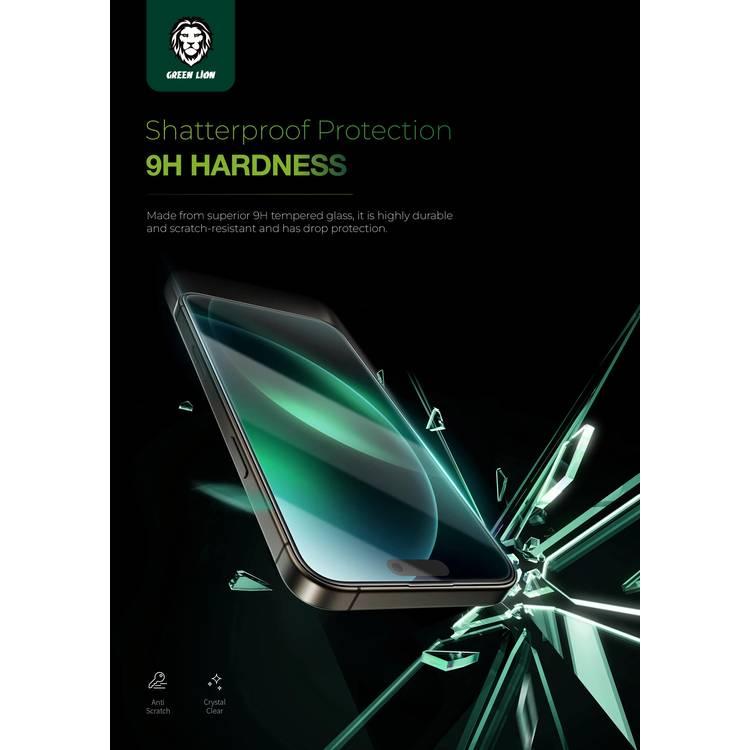 واقي زجاجي عالي الدقة 9H من Green Lion لهاتف iPhone 16 Plus، خالٍ من الفقاعات، عالي الاستجابة، مضاد لبصمات الأصابع، مضاد للخدش - شفاف