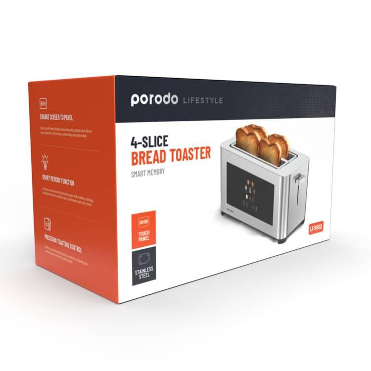 Porodo Lifestyle 4-Slice Digital Pop Up Bread Toaster, Stainless Steel 410 Material, Touch Panel - Silver 