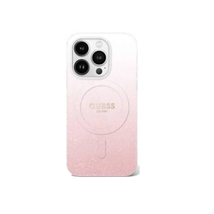 جراب GUESS Magsafe IML Glitter Gradient الصلب لهاتف iPhone 16 Pro Max، رفيع، سهل التركيب، حماية من السقوط - وردي