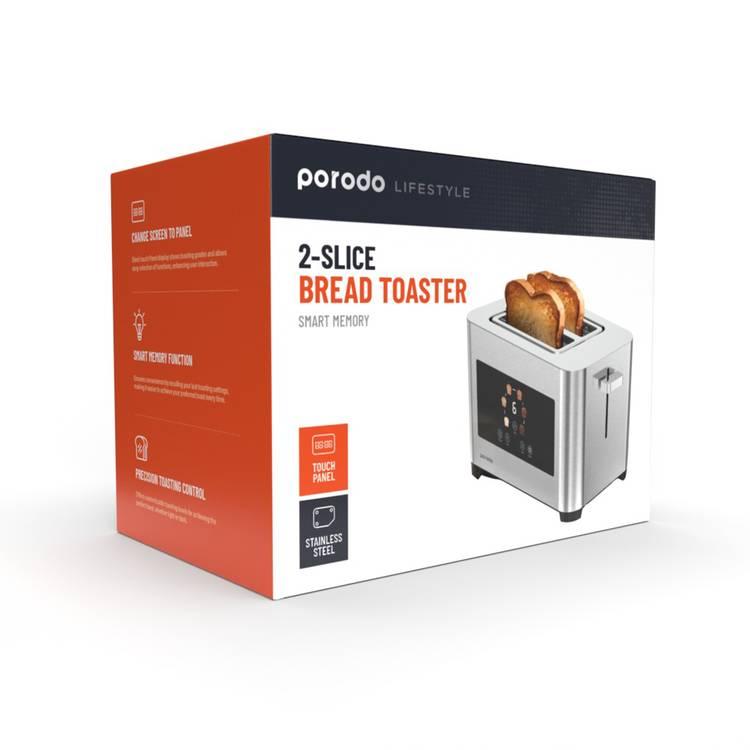 Porodo Lifestyle 2-Slice Digital Pop Up 850W Bread Toaster, Stainless Steel 410 Material, Touch Panel - Silver