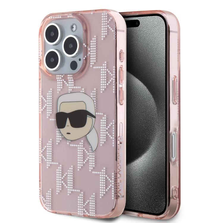 Karl Lagerfeld IML Hard Case with Electroplated Karl Head & Monogram Design for iPhone 16 Pro - Pink 