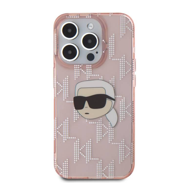 جراب Karl Lagerfeld IML الصلب مع تصميم Karl Head &amp; Monogram مطلي بالكهرباء لهاتف iPhone 16 Pro - وردي 