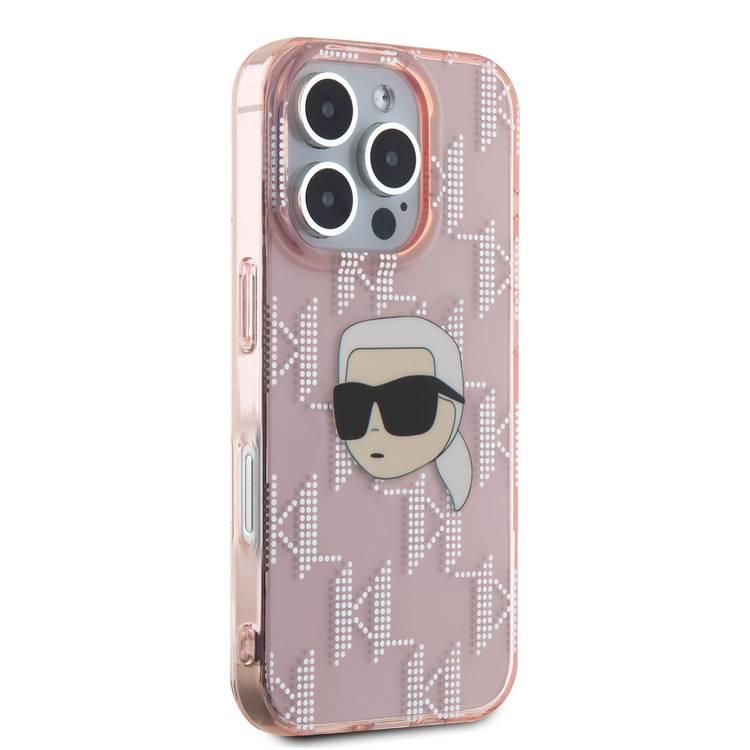 جراب Karl Lagerfeld IML الصلب مع تصميم Karl Head &amp; Monogram مطلي بالكهرباء لهاتف iPhone 16 Pro - وردي 