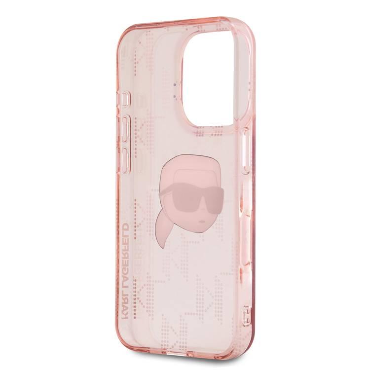 جراب Karl Lagerfeld IML الصلب مع تصميم Karl Head &amp; Monogram مطلي بالكهرباء لهاتف iPhone 16 Pro - وردي 