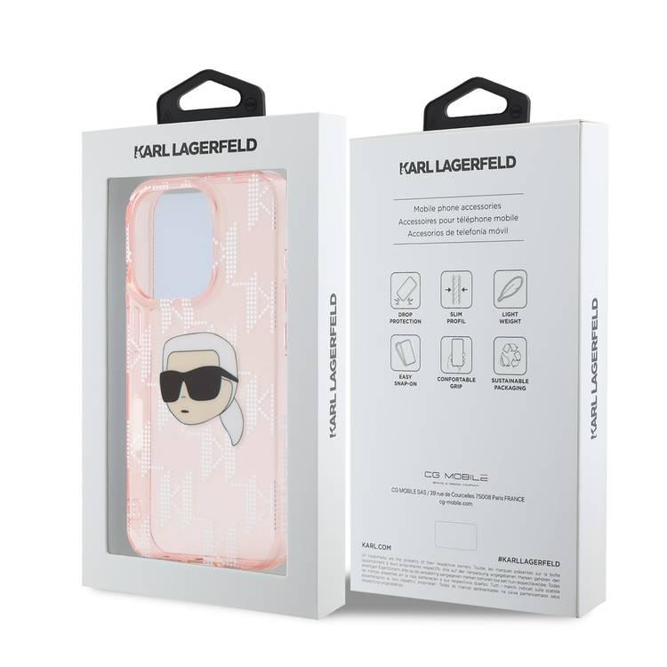 جراب Karl Lagerfeld IML الصلب مع تصميم Karl Head &amp; Monogram مطلي بالكهرباء لهاتف iPhone 16 Pro - وردي 