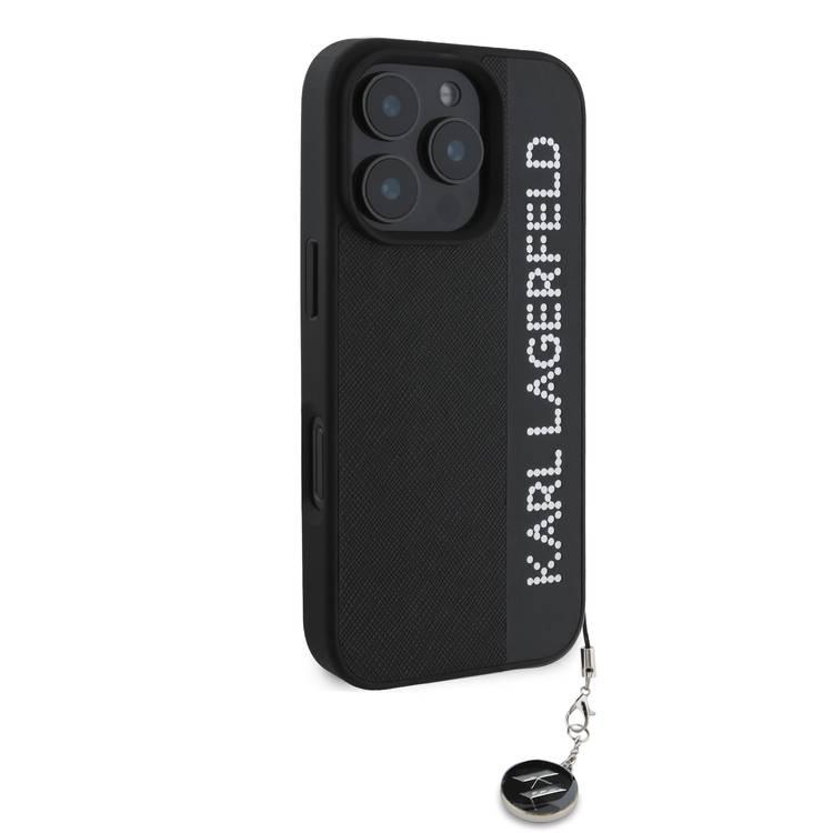 Karl Lagerfeld Saffiano Leather Hard Case with Elongated Logo for iPhone 16 Pro Max, PC Protector Camera, Karl Diamond Logo, Lightweight - Black 