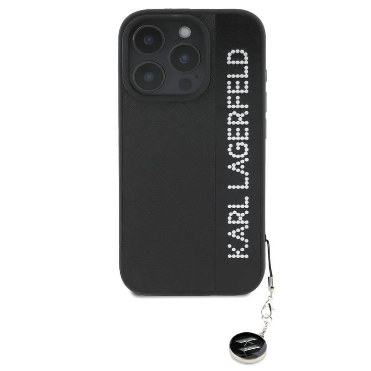 جراب Karl Lagerfeld Saffiano المصنوع من الجلد الصلب مع شعار ممدود لهاتف iPhone 16 Pro Max، واقي كاميرا PC، شعار Karl Diamond، خفيف الوزن - أسود 