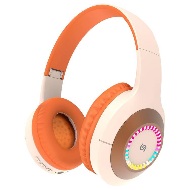 Porodo Soundtec Radiant Wireless Headphone, 6h Playtime, Type-C Charging, 3.5mm Jack, LED Light, 120h Standby, Android and iOS Compatible - Beige/Orange