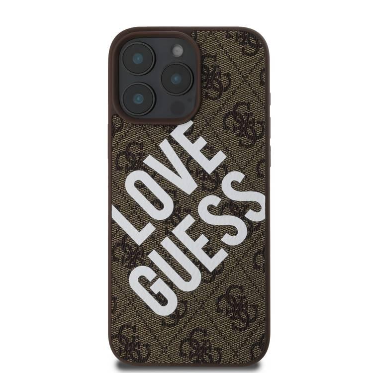 جراب Guess PU 4G الصلب مع شعار Big Love Guess لهاتف iPhone 16 Pro Max، مصنوع من مادة عالية الجودة، خفيف الوزن، سهل التركيب - بني