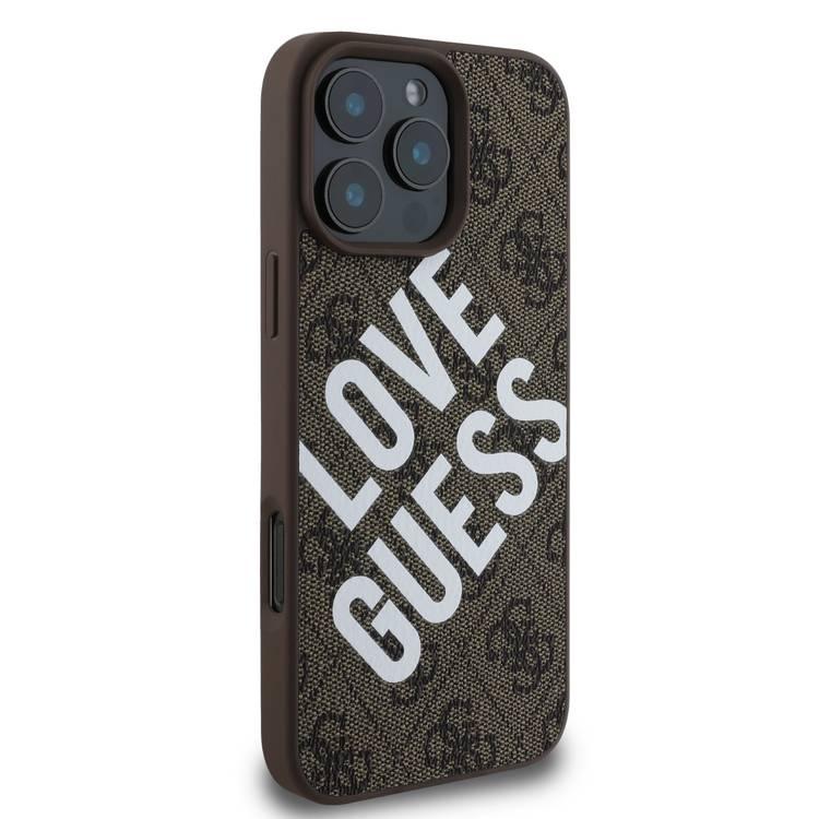 جراب Guess PU 4G الصلب مع شعار Big Love Guess لهاتف iPhone 16 Pro Max، مصنوع من مادة عالية الجودة، خفيف الوزن، سهل التركيب - بني