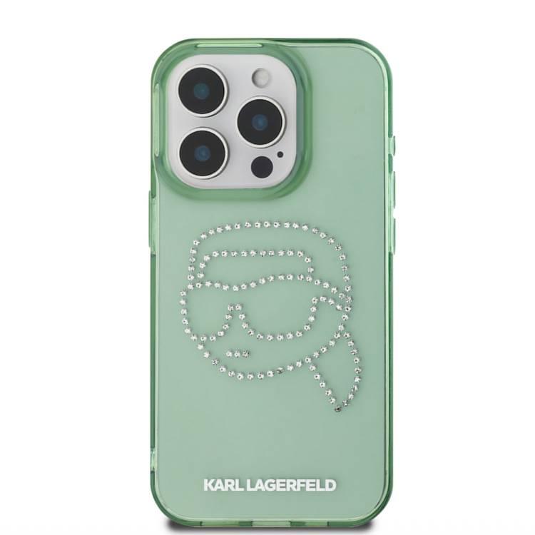 جراب Karl Lagerfeld IML الصلب مع شعار Karl Head من أحجار الراين لهاتف iPhone 16 Pro Max، سهل التركيب - Kaki 