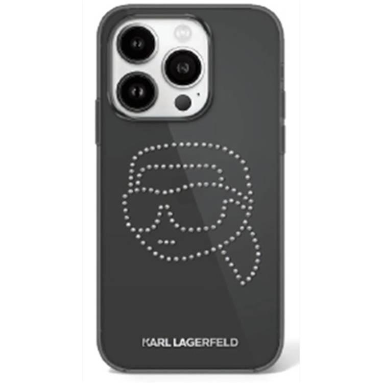 جراب Karl Lagerfeld IML الصلب مع شعار Karl Head من أحجار الراين لهاتف iPhone 16 Pro Max، سهل التركيب - أسود 