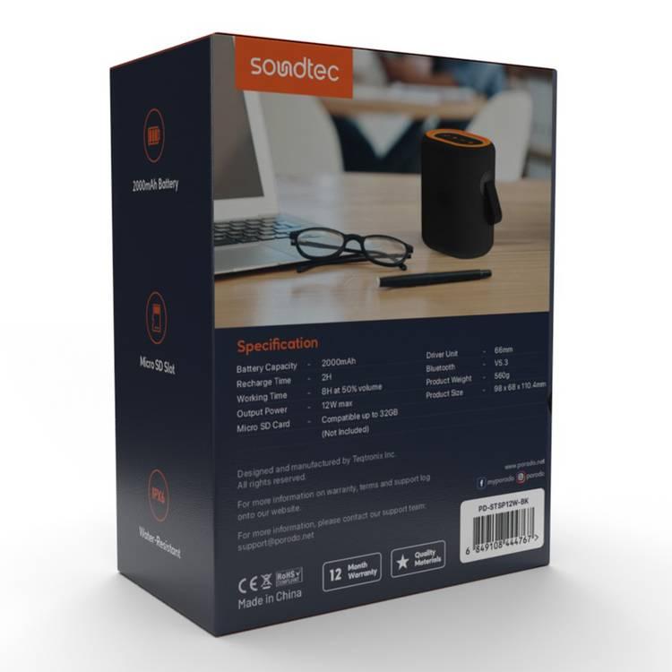 مكبر صوت محمول من Porodo Soundtec Rave، وقت تشغيل يصل إلى 8 ساعات، بلوتوث 5.3، متوافق مع بطاقة Micro SD، مقاوم للماء IPX6 - أسود