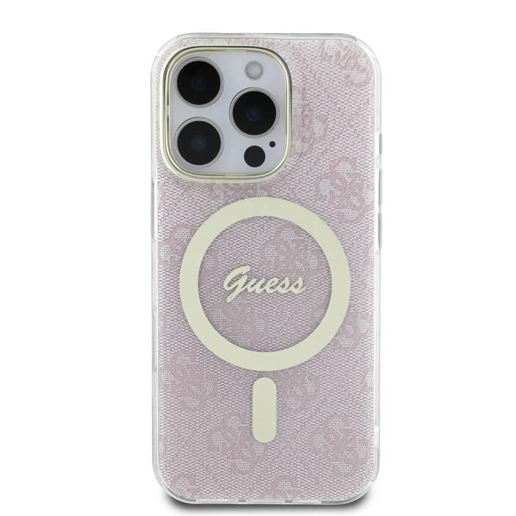 جراب Guess MagSafe 4G Design HD Printing PC &amp; TPU لهاتف iPhone 16 Pro Max، خفيف الوزن، مصنوع من مادة عالية الجودة، يحمي من السقوط - وردي