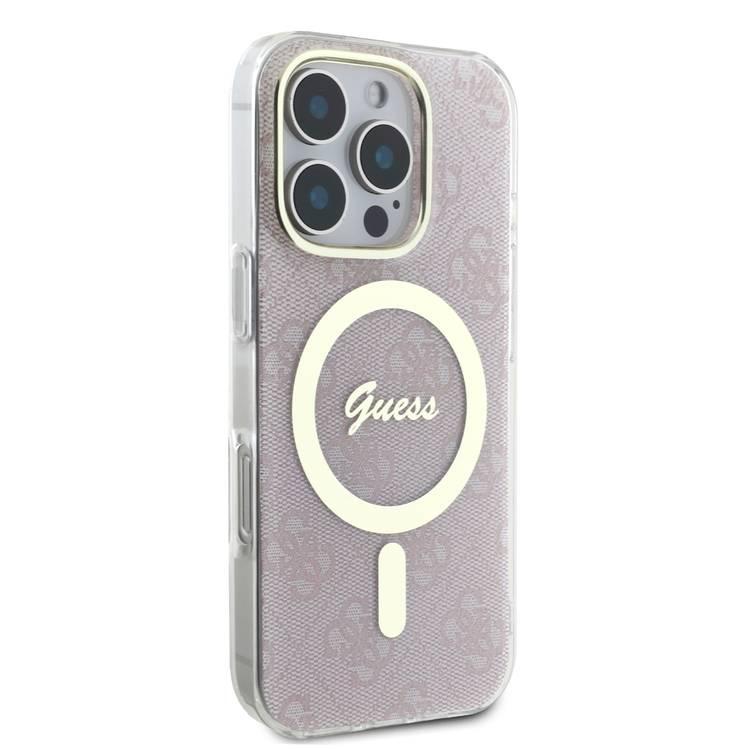 جراب Guess MagSafe 4G Design HD Printing PC &amp; TPU لهاتف iPhone 16 Pro Max، خفيف الوزن، مصنوع من مادة عالية الجودة، يحمي من السقوط - وردي