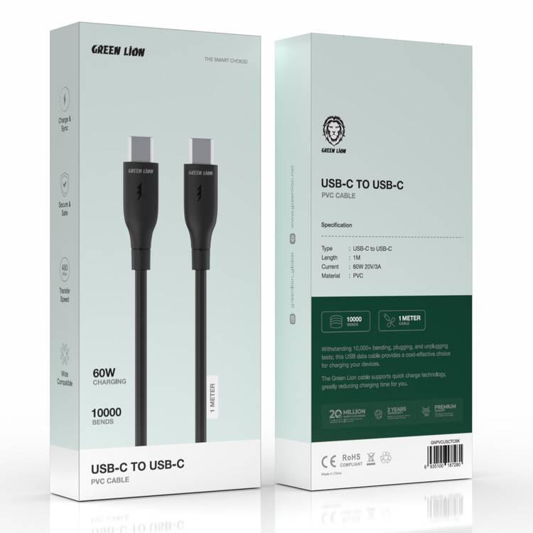 Green Lion USB-C to USB-C PVC Cable 1m, 480Mbps Transfer Speed, 60W, Charge & Sync, more than 10,000 Bends Life Span, Secure & Safe - Black