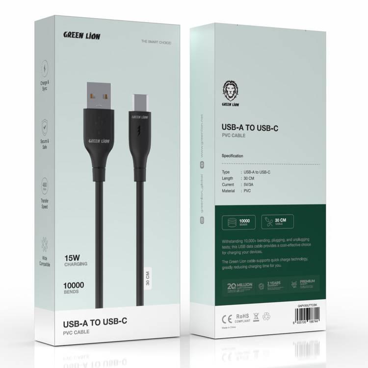 Green Lion USB-A to USB-C PVC Cable 30cm, 480Mbps Transfer Speed, 15W, Charge & Sync, more than 10,000 Bends Life Span, Secure & Safe - Black