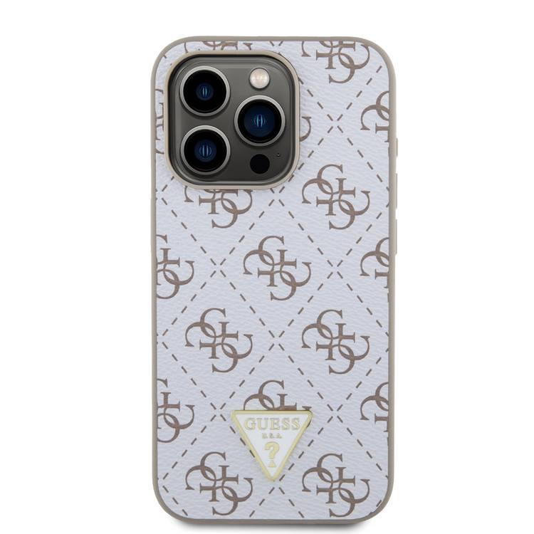 Guess New 4G Design PU Leather Case with Triangle Logo for iPhone 16 Pro Max, Easy Snap-on, Camera Raised Edge - White 