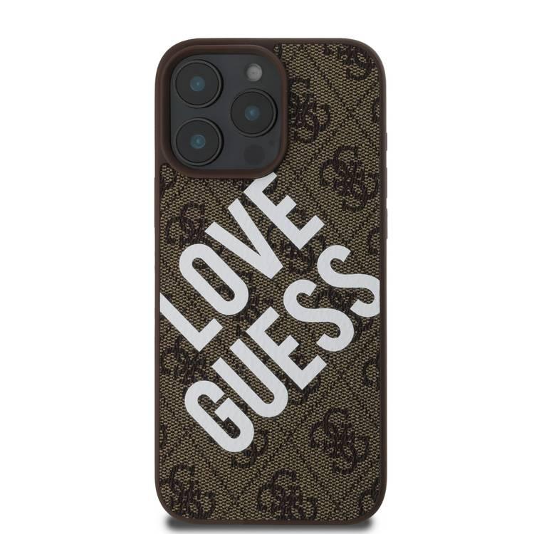 جراب Guess PU 4G الصلب مع شعار Big Love Guess لهاتف iPhone 16 Pro، مصنوع من مادة عالية الجودة، خفيف الوزن، سهل التركيب - بني