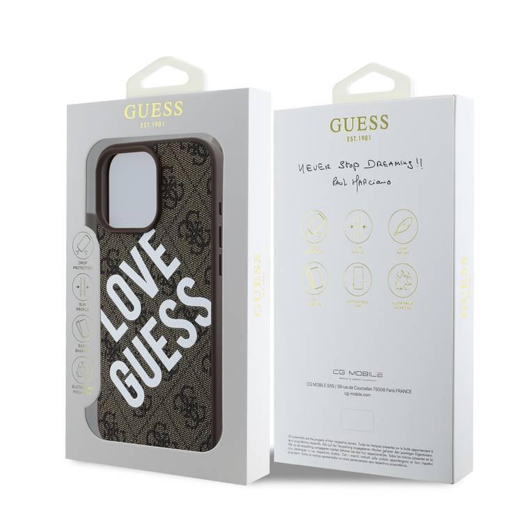 جراب Guess PU 4G الصلب مع شعار Big Love Guess لهاتف iPhone 16 Pro، مصنوع من مادة عالية الجودة، خفيف الوزن، سهل التركيب - بني