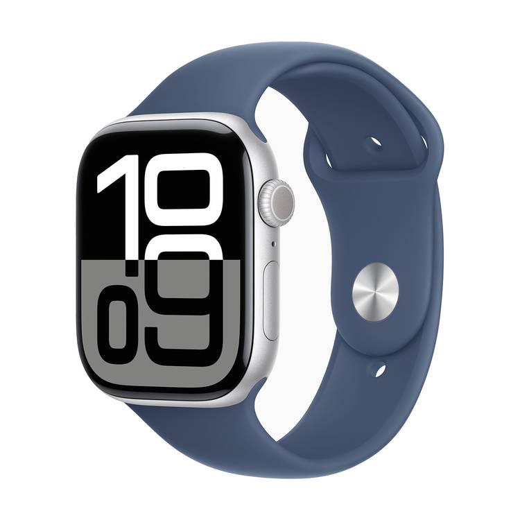 ساعة Apple Watch Series 10 GPS + Cellular 46 مم هيكل من الألومنيوم الفضي مع حزام رياضي من قماش الدنيم، عمر بطارية يصل إلى 18 ساعة، بلوتوث 5.3، شاشة Retina LTPO3 تعمل دائمًا - فضي