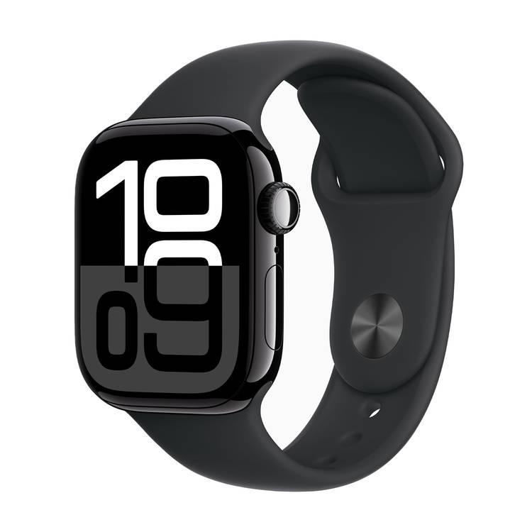 ساعة Apple Watch Series 10 GPS مقاس 46 مم، هيكل من الألومنيوم باللون الأسود مع حزام رياضي أسود، عمر بطارية يصل إلى 18 ساعة، بلوتوث 5.3، شاشة Retina LTPO3 دائمة التشغيل - أسود