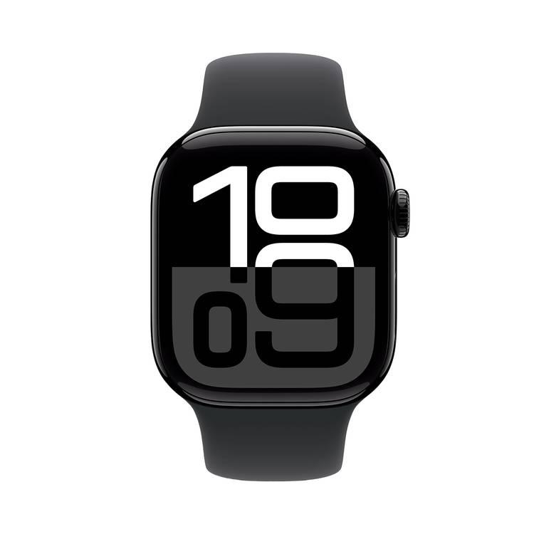 ساعة Apple Watch Series 10 GPS مقاس 46 مم، هيكل من الألومنيوم باللون الأسود مع حزام رياضي أسود، عمر بطارية يصل إلى 18 ساعة، بلوتوث 5.3، شاشة Retina LTPO3 دائمة التشغيل - أسود