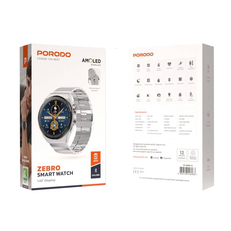 Porodo Zebro Smart Watch Black dial + Black Silicon Strap & Metal starp, Water Resistant, Health Monitoring, Activity Tracker - Silver