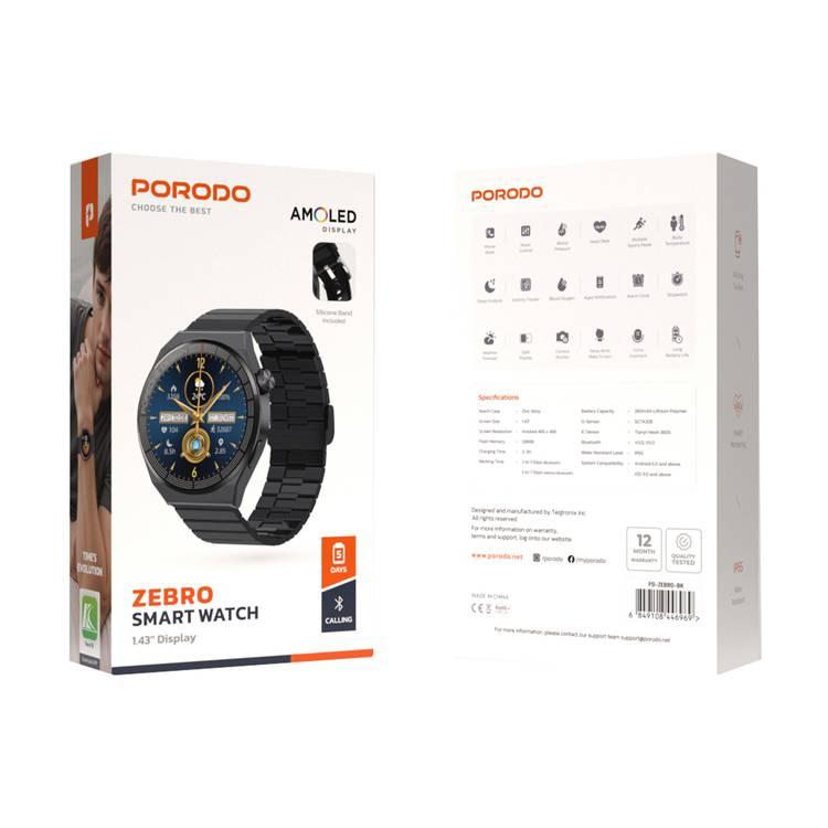 Porodo Zebro Smart Watch Black dial + Black Silicon Strap & Metal starp, Water Resistant, Activity Tracker - Black