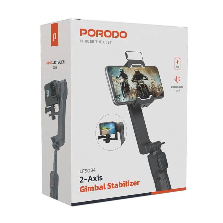 مثبت Gimbal ثنائي المحور من Porodo، أوضاع الإضاءة، وضع FPV، مضاد للاهتزاز - أسود