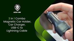 Green Lion 3 in 1 Combo, Dual Port Car Charger PD + QC3.0 20W, Magnetic Car Holder, USB-C To Lightning Cable - Black